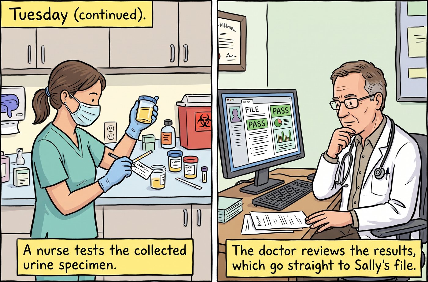 Tuesday, continued: a nurse tests the urine specimen, and the doctor reviews the result in Sally's file