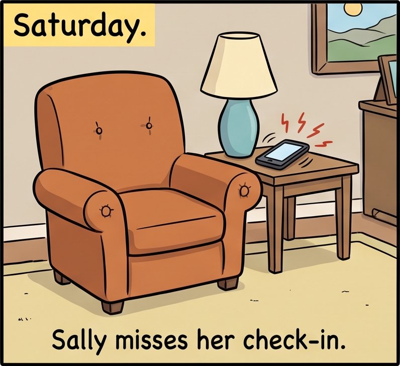 Saturday: Sally misses her check-in