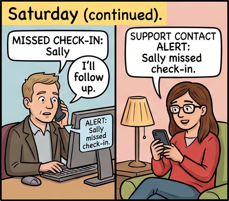 Saturday: her caseworker and her support contact are alerted